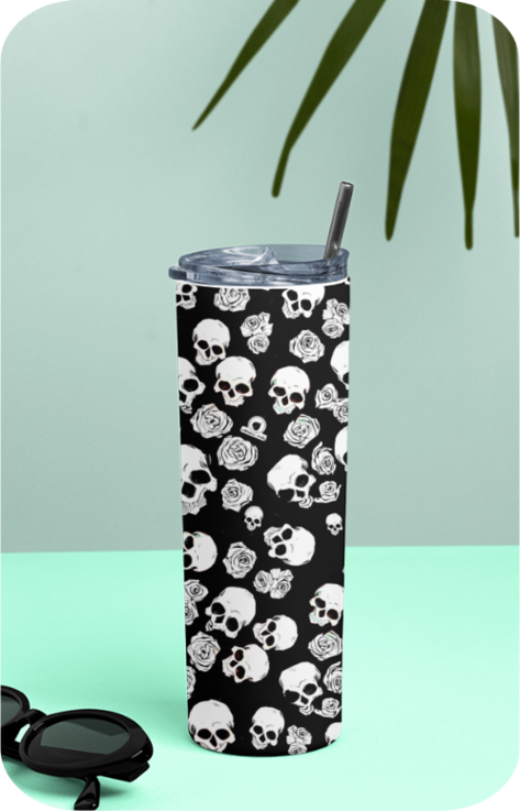 Skull N' Roses Premium Tumbler, 20 oz ,Skinny Straight By Nibbana Studio