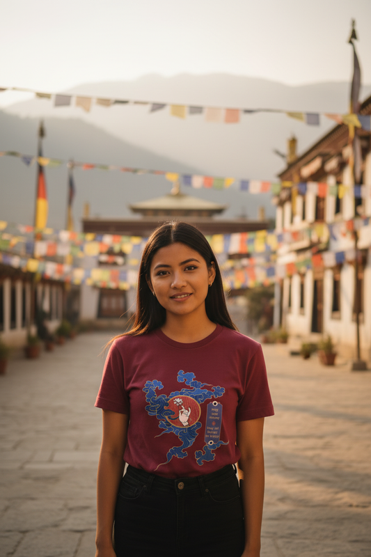 Maroon - Young Indian woman, candid monastery
